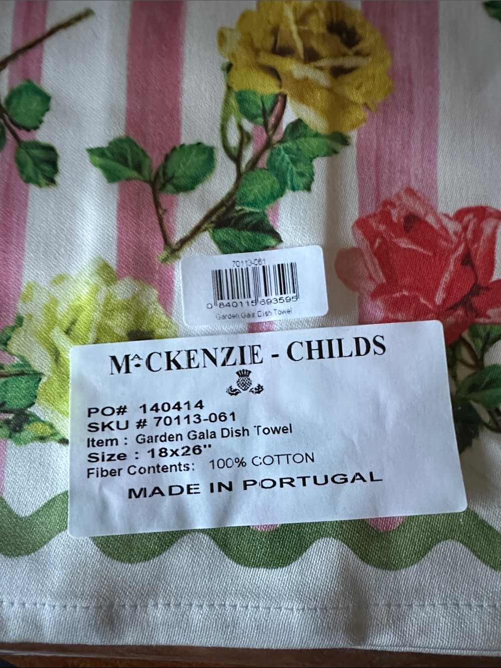 McKenzie-Childs Floral Stripe Dish Towel - Pink & Yellow Roses NWT - Picture 2 of 6